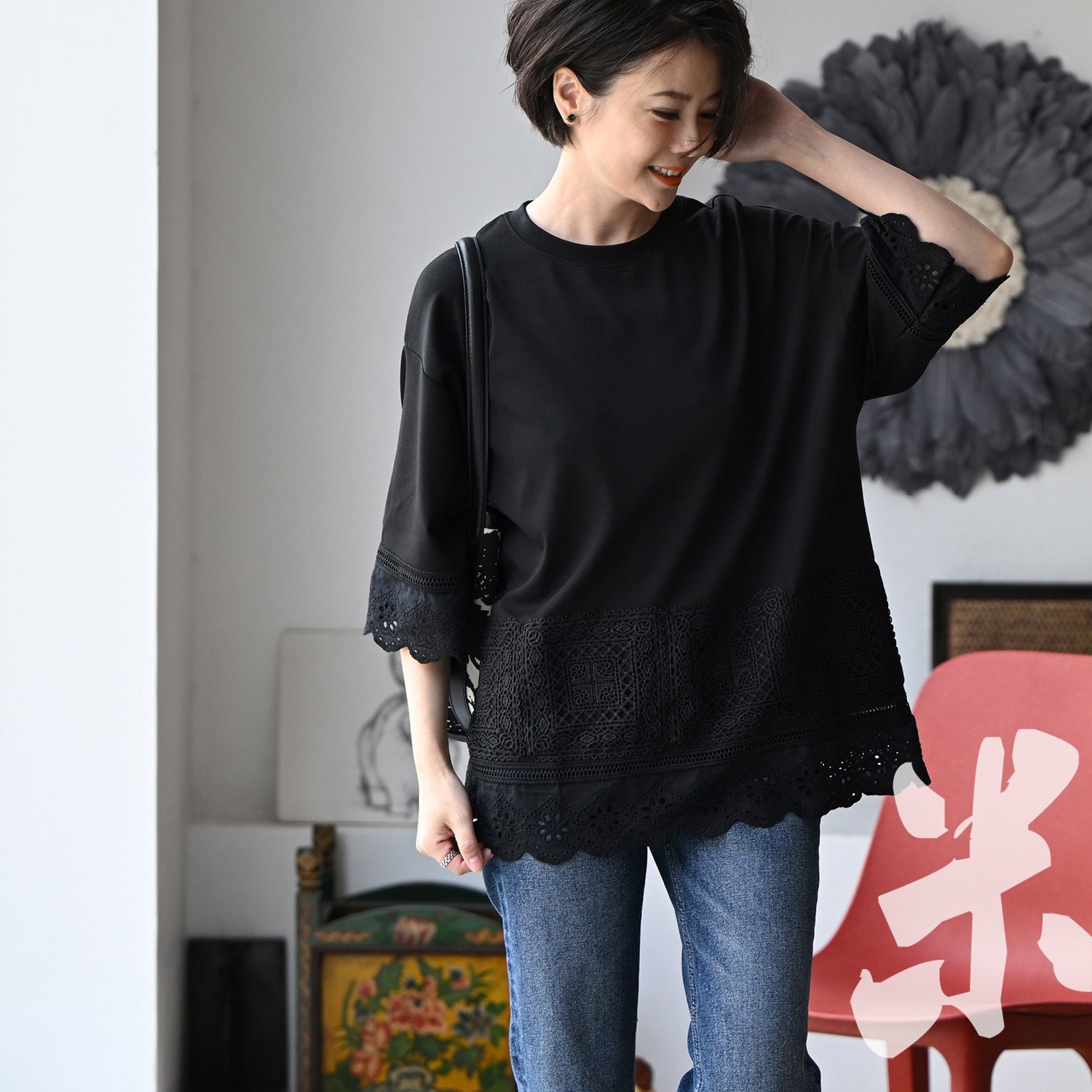 包邮T26581 韩版宽松百搭镂空拼接蕾丝花边直筒短袖T恤女夏