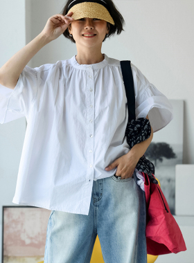 包邮C8165C 文艺休闲清新小立领单排扣宽松纯棉捏褶飞袖衬衫女夏