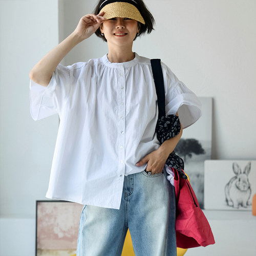 单排扣宽松纯棉捏褶飞袖衬衫