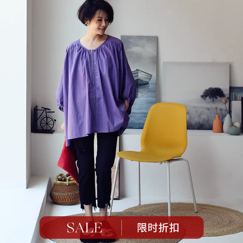 温柔紫色圆领拉链大版衬衫外套
