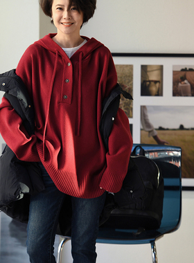 包邮M50527 通勤休闲简约宽松百搭三粒扣半襟打底连帽毛衣女秋冬