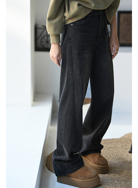 包邮 N6550C 文艺水洗炭黑色宽松立体裁剪加绒直筒牛仔长裤女秋冬