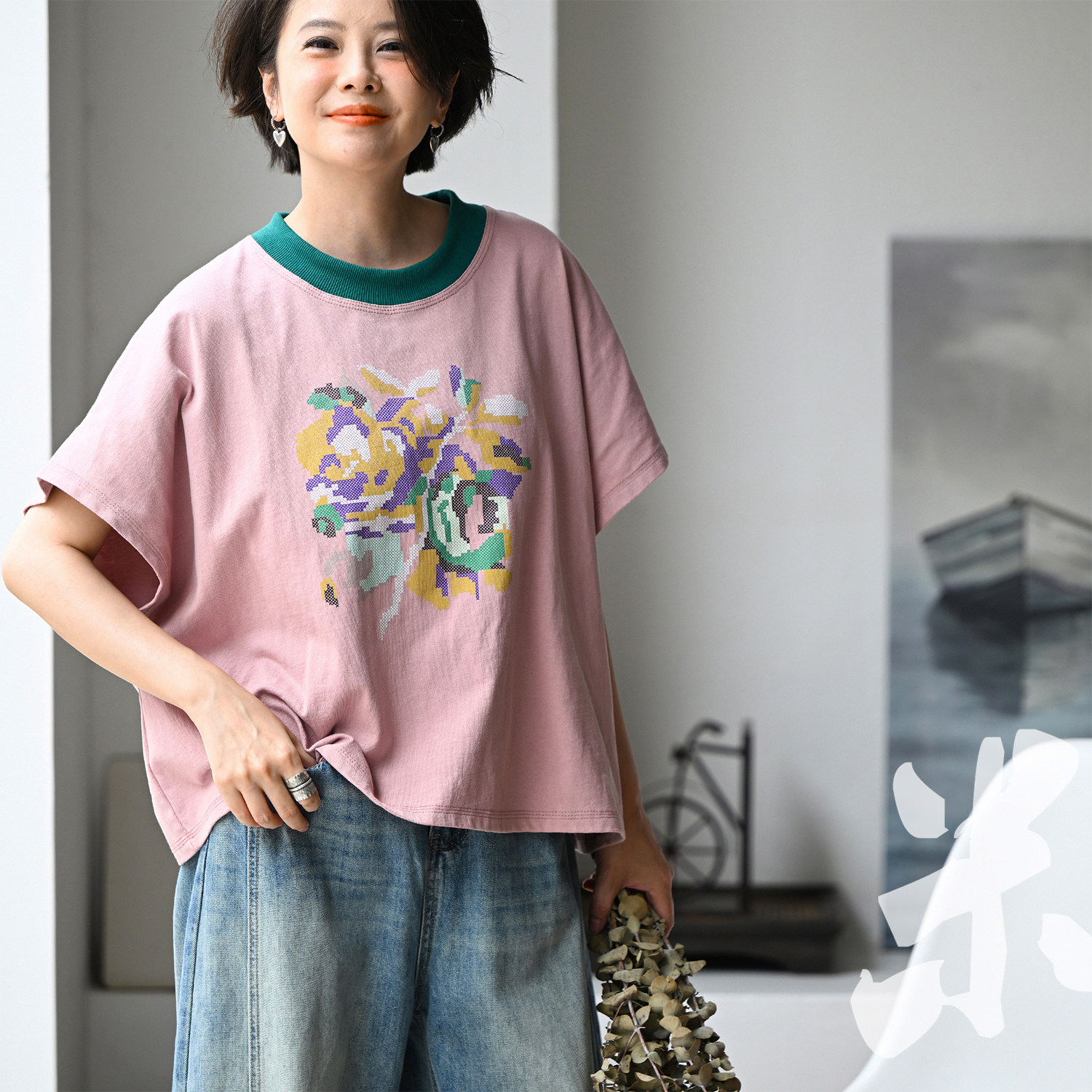 包邮 T39178 文艺温柔撞色花卉印花纯棉宽松短款短袖T恤女夏 新