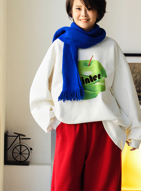 包邮 R89110 文艺休闲减龄圆领加绒宽松中长款苹果印花大卫衣女冬