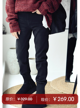 N0506C韩版炭黑色弹力显瘦撞色高腰加绒锥子牛仔长裤女冬米兰宣言