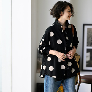 纯棉宽松开襟春秋百搭波点外套女春新米兰宣言 式 W17268 文艺衬衫