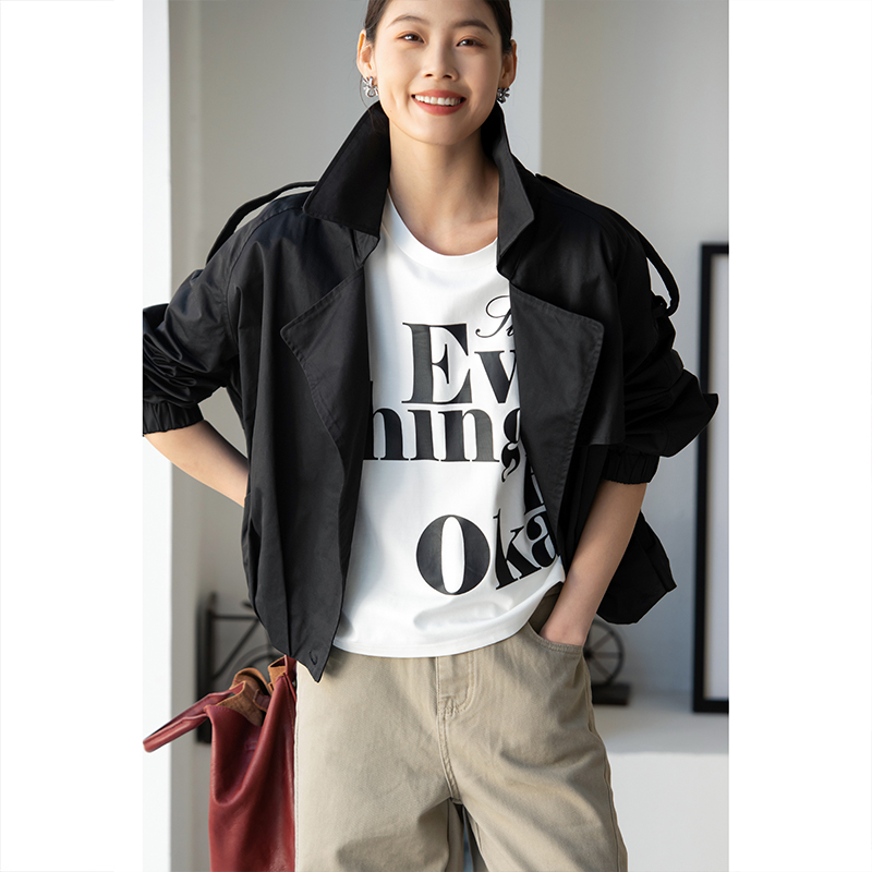 大翻领捏褶廓形短款风衣夹克外套