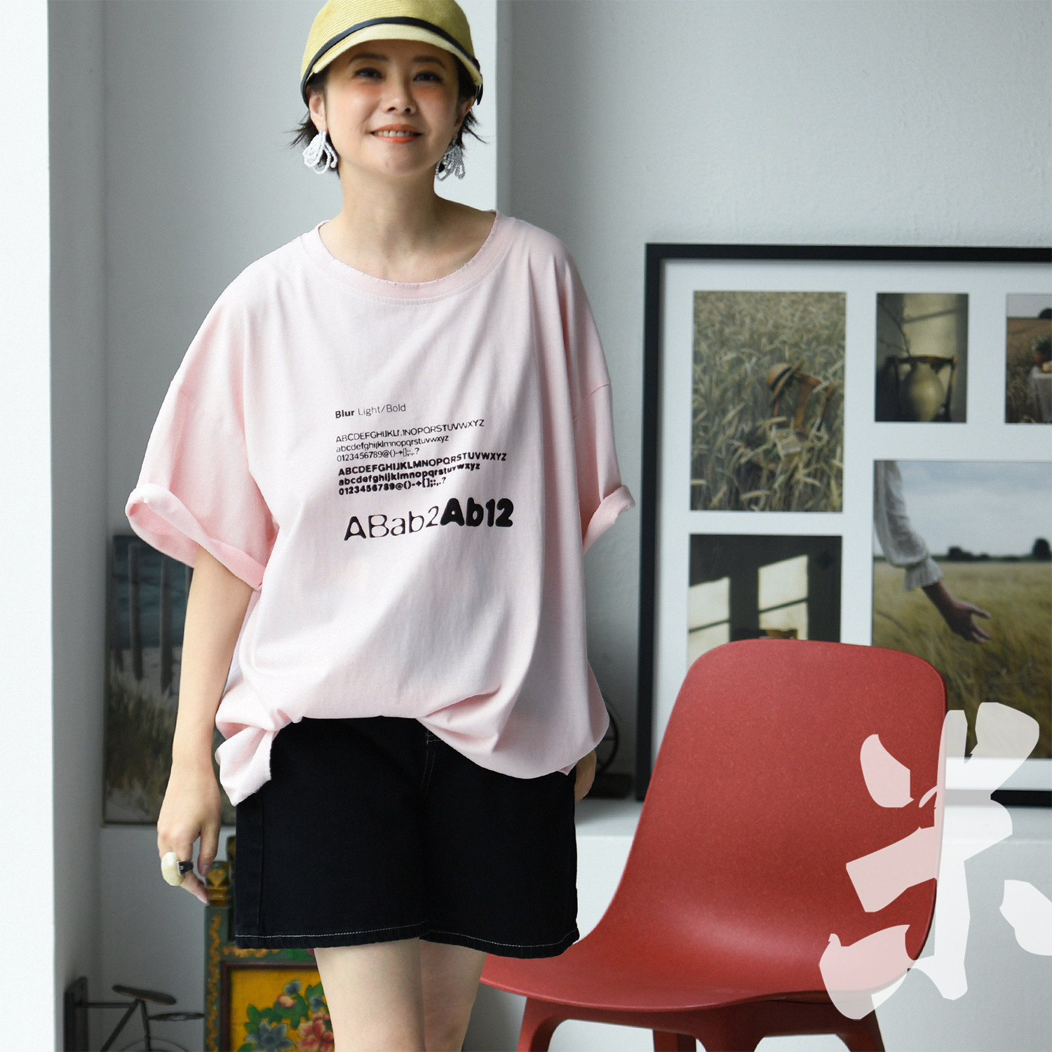 包邮T52111 文艺清新粉色字母印花圆领短袖宽松中长款T恤女