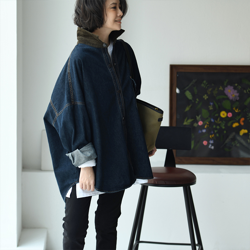 包邮W3838C 韩版文艺休闲中性帅气拼接宽松中长款翻领牛仔外套女