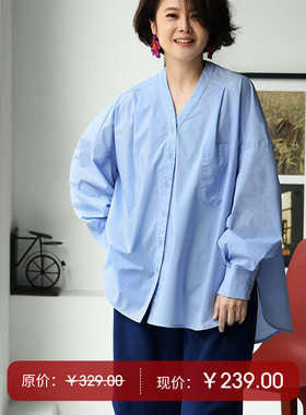 特●C26200 通勤休闲宽松大版V领长袖捏褶单兜纯色衬衫米兰宣言