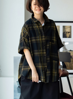 包邮C05150 文艺休闲复古单兜短袖纯棉宽松大版大格子衬衫女春夏