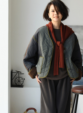 F77550 文艺休闲复古拼色绗缝宽松羊毛保暖短棉服外套女米兰宣言