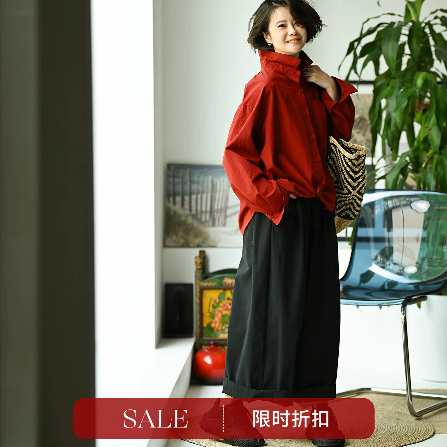 K65150 文艺休闲纯棉松紧腰做旧抽绳宽腿阔腿九分裤女春 米兰宣言