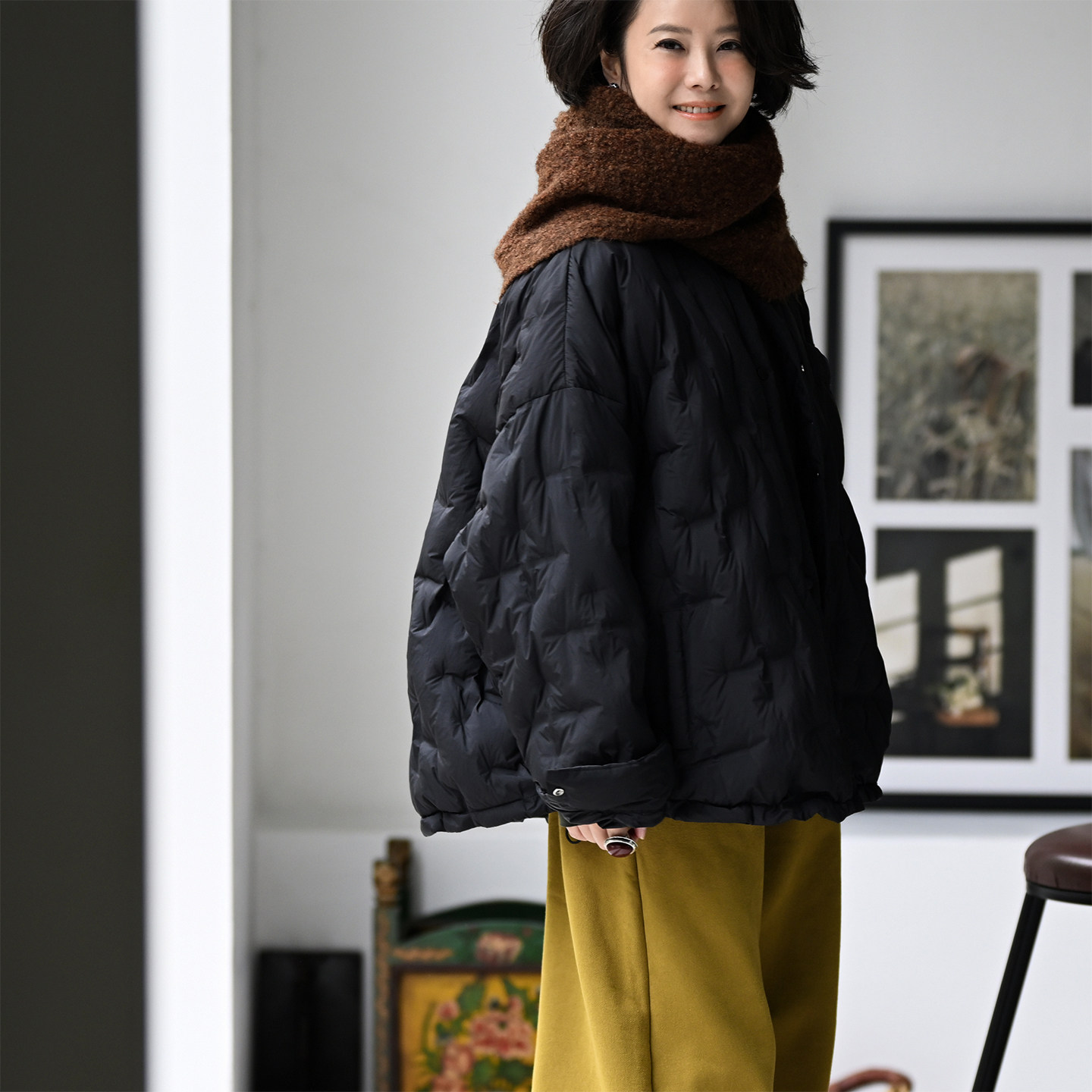 压格宽松大版轻型衬衫式羽绒服