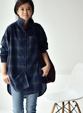 包邮C3069C 文艺休闲复古灰蓝格子宽松oversize长袖大衬衫女秋