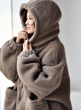 特●W7166C文艺洋气减龄宽松百搭羊羔毛连帽棉服外套女冬米兰宣言
