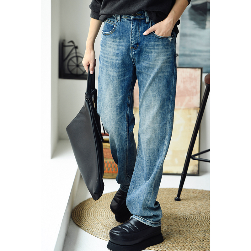 韩版重工磨色直筒牛仔裤长裤女