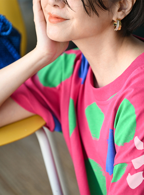包邮T72620 韩版童趣彩色波点T恤女 宽松圆领短袖上衣夏 米兰宣言