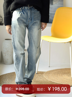 N6059C 文艺水洗怀旧撞色加绒浅蓝色显瘦毛边直筒牛仔长裤女秋冬