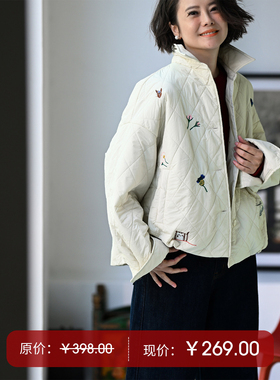 特●F88250 文艺休闲宽松单排扣刺绣抽绳短款棉外套女秋 米兰宣言