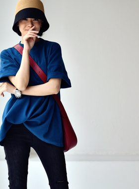 T6063C文艺休闲宽松舒适磨毛棉洋气小圆领纯色短袖T恤女米兰宣言