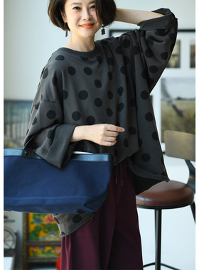 包邮R00553 文艺休闲圆领蝙蝠袖宽松毛边波点印花卫衣女2025秋