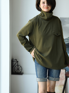 包邮R35600 文艺休闲做旧宽松舒适棉质高领磨毛打底大卫衣女冬季