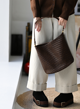 特●D70030 休闲简约二层牛皮编织单肩女士包包四季可用 米兰宣言