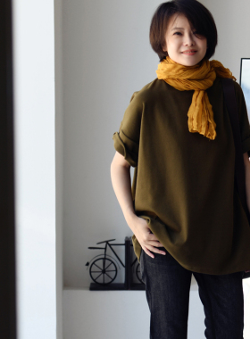 T6062C 文艺休闲舒适磨毛棉宽松厚款小圆领短袖T恤女春 米兰宣言