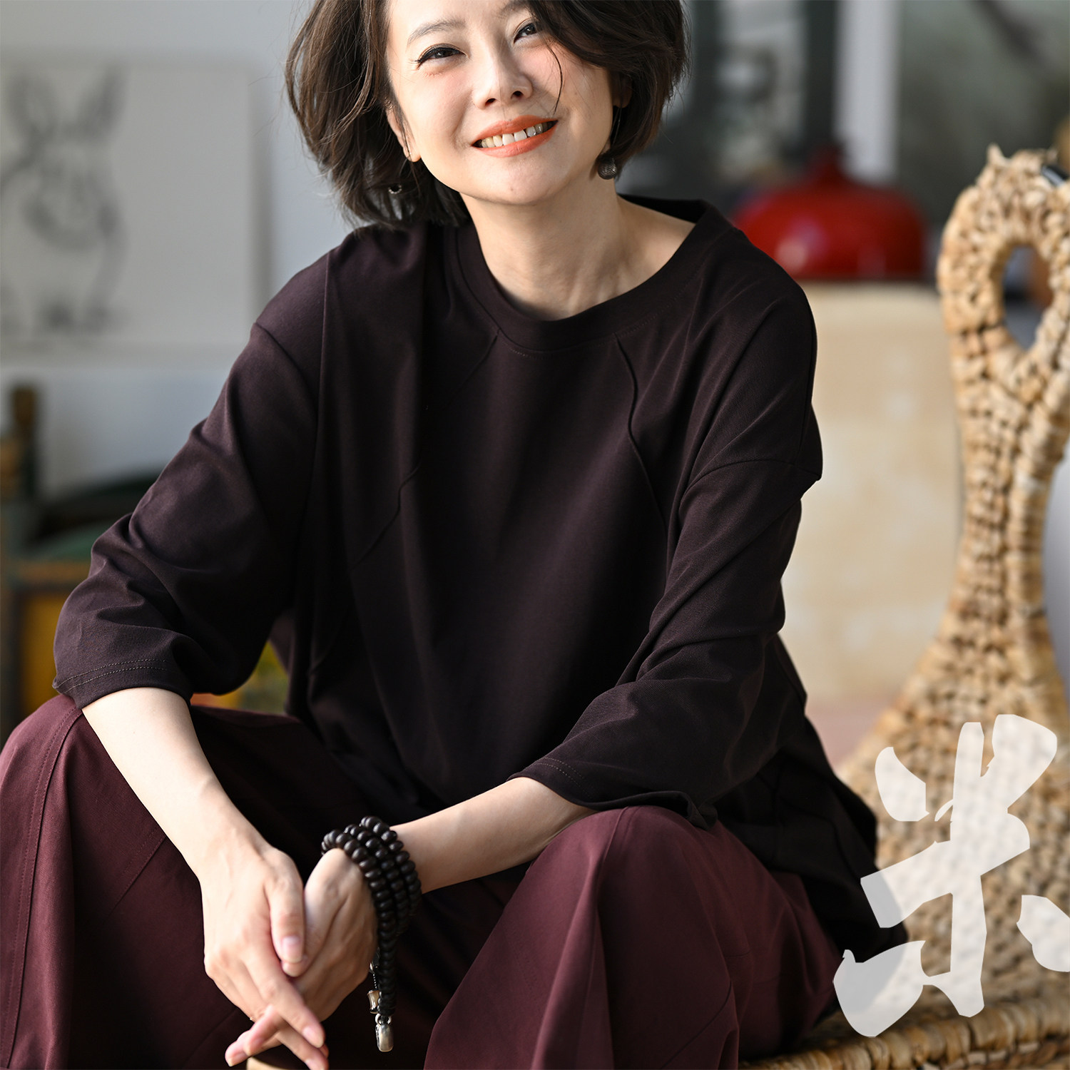 包邮T82590 文艺复古圆领七分袖抽绳宽松南瓜型T恤女2026秋
