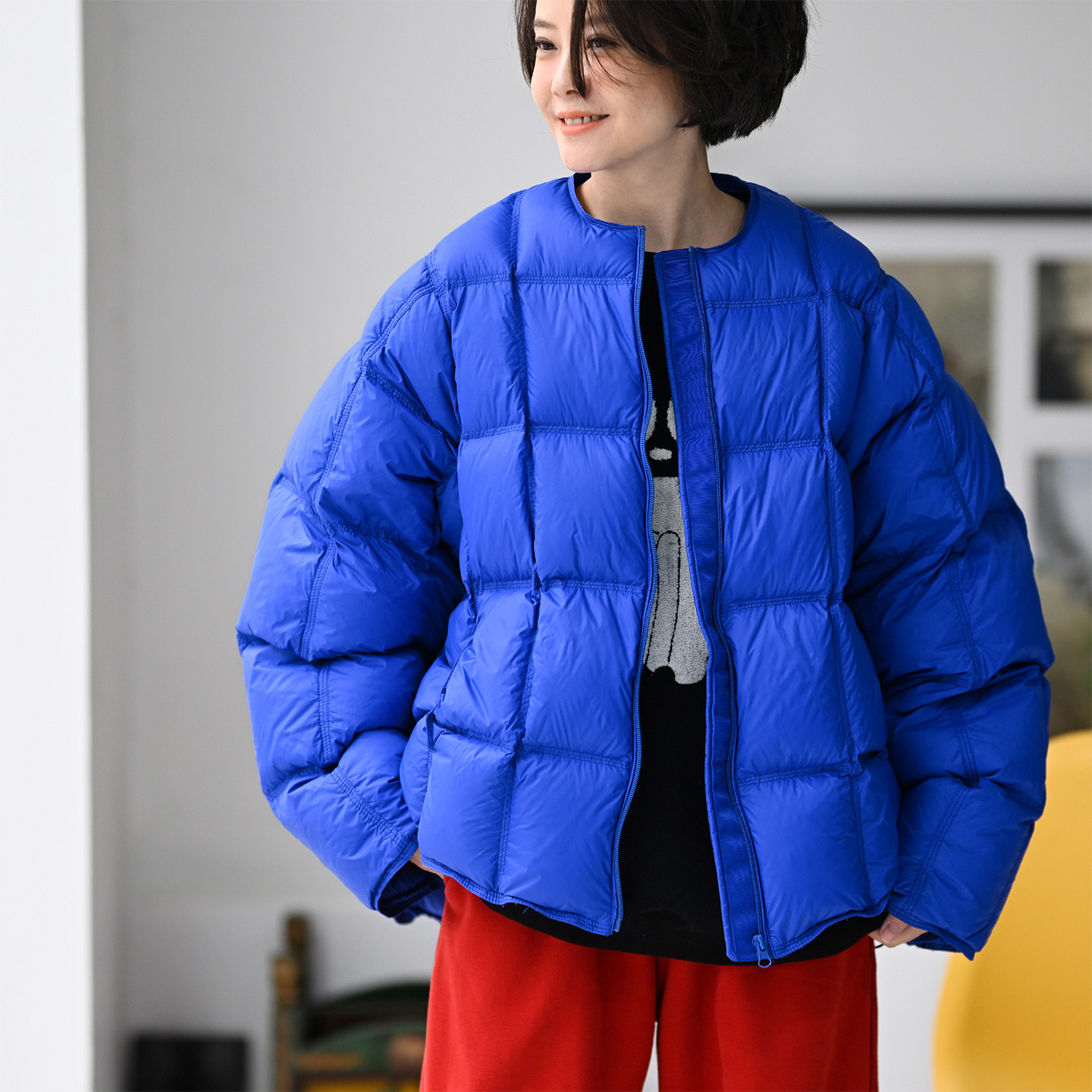 拉链宽松绗缝方格轻型泡芙羽绒服