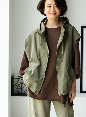 包邮V93310 休闲文艺帅气分割线宽松落肩纯棉连帽抽绳工装马甲女