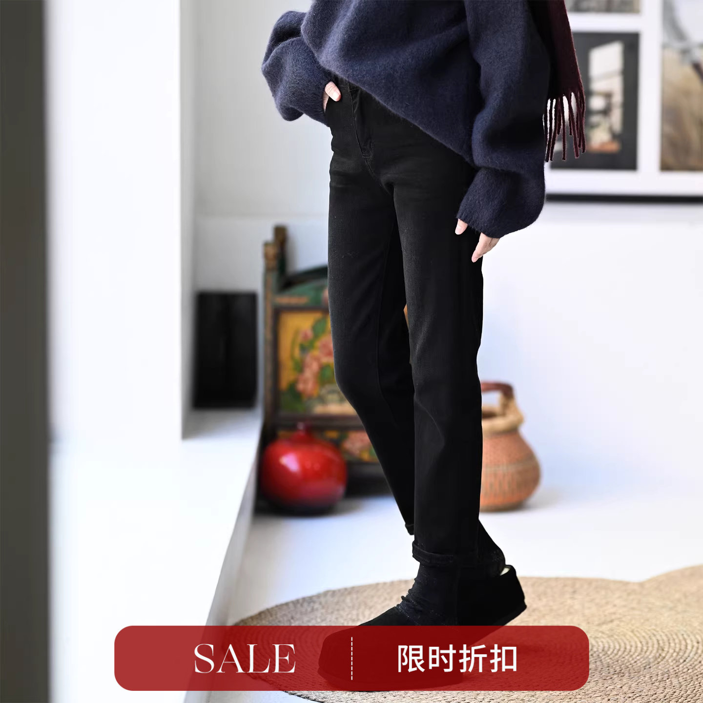 N11521 韩版洋气高腰修身直筒烟管九分黑色牛仔裤女25秋米兰宣言