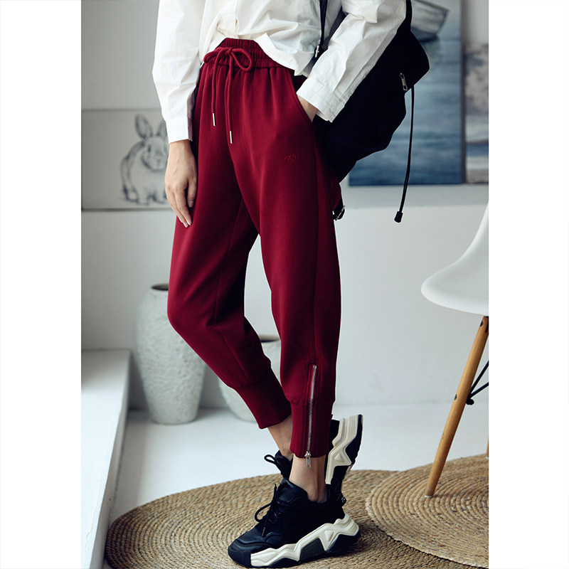 K2359C韩版休闲简约拉链设计显瘦百搭松紧高腰束脚卫裤女米兰宣言