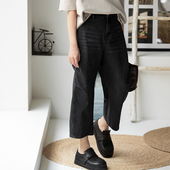 休闲文艺黑灰洗水做旧前后捏褶八分直筒牛仔裤 N78012 女春 包邮