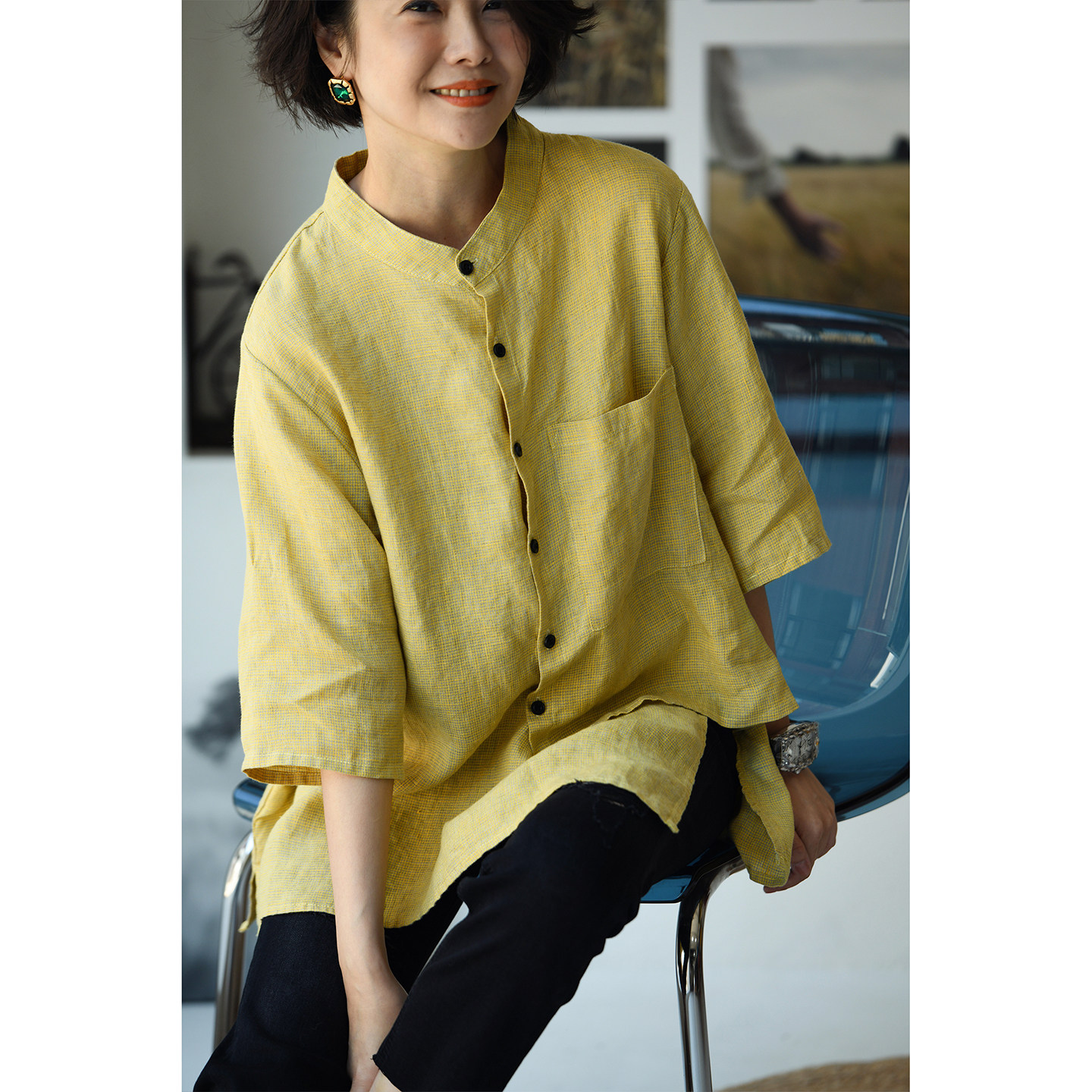 C50150 文艺休闲黄色小格子亚麻不对称宽松大版衬衫女夏米兰宣言