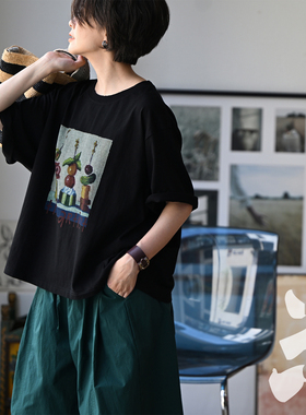 包邮T33303 文艺百搭纯棉印花宽松圆领短袖夏季T恤女26 新品速递