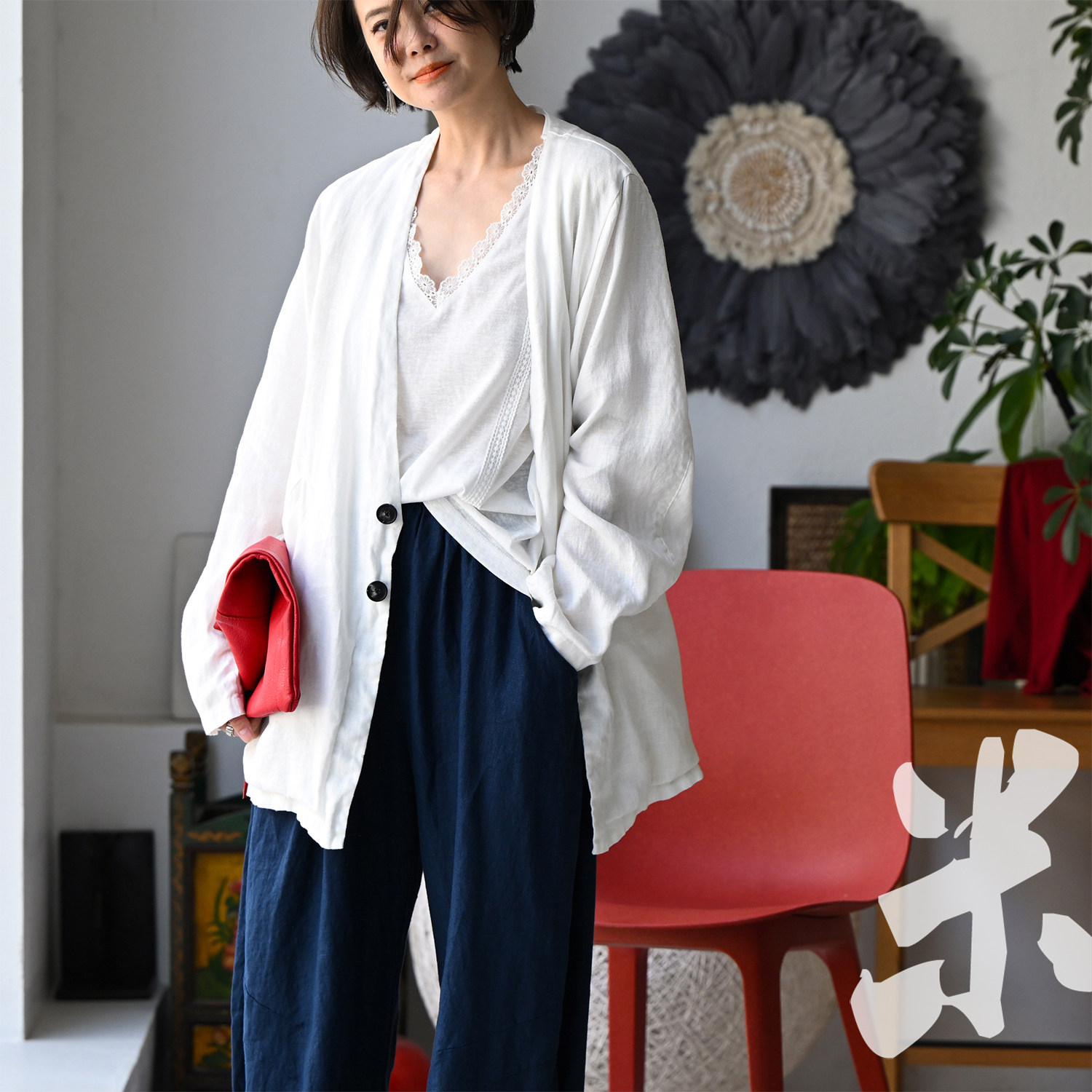 包邮W91060 简约休闲通勤V领双兜双扣纯色亚麻中长款外套女2026春