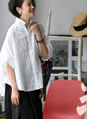 宽松垂感亚麻蝙蝠短袖衬衫女夏