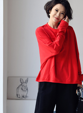 包邮T9012C 韩版休闲简约多色拼接设计感宽松圆领蝙蝠长袖T恤女