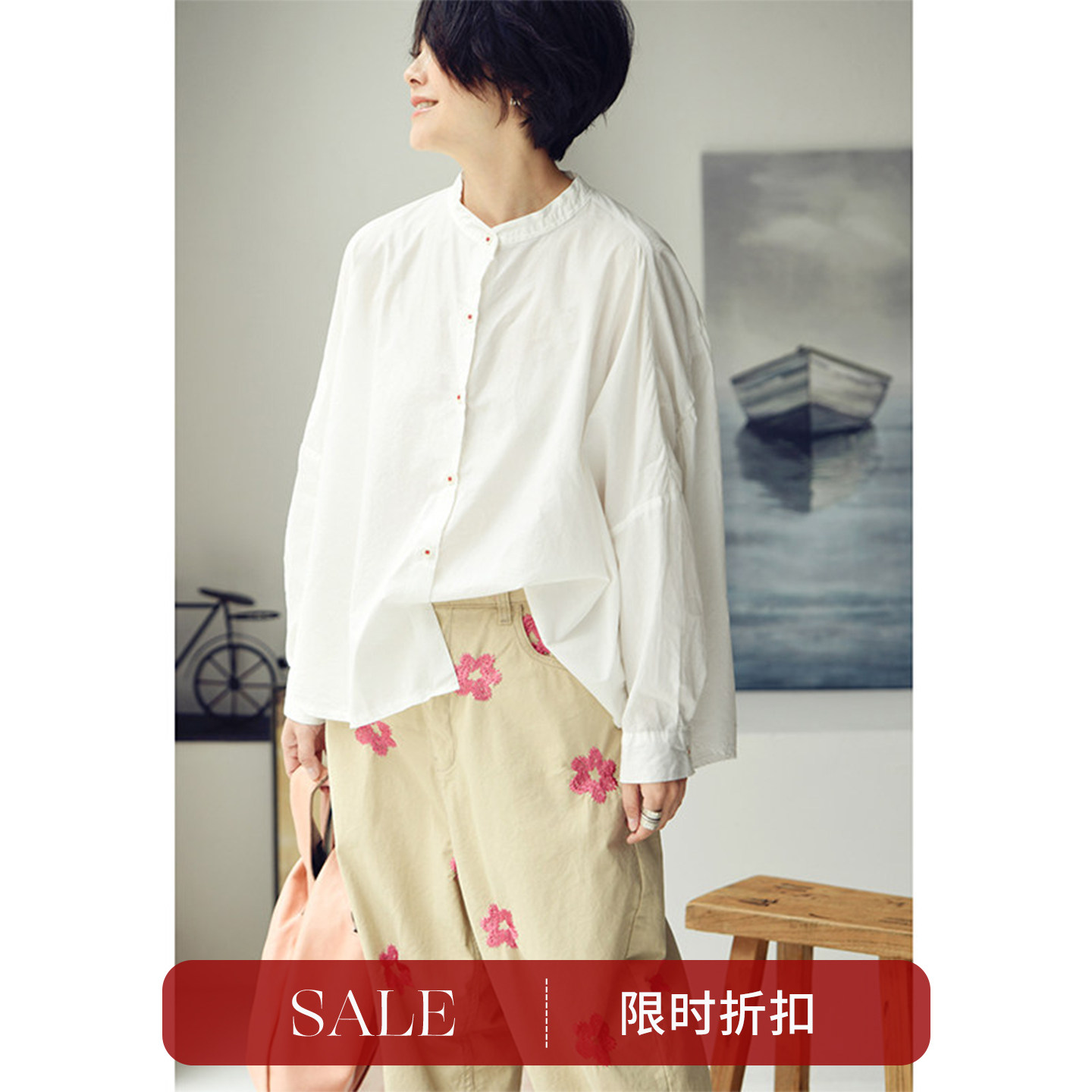 特●C0238C文艺清新宽松设计感薄款立领抽褶长袖衬衫女春米兰宣言