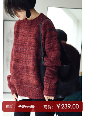 M6630C文艺气质花线宽松短款新年红色圆领套头毛衣女秋冬米兰宣言