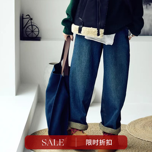 N1086C文艺水洗做旧磨破宽松薄绒显瘦高腰老爹牛仔裤 女冬米兰宣言