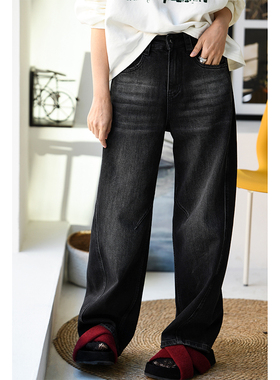 包邮N30090 韩版休闲洋气显瘦宽松磨色捏褶香蕉阔腿牛仔裤女秋冬
