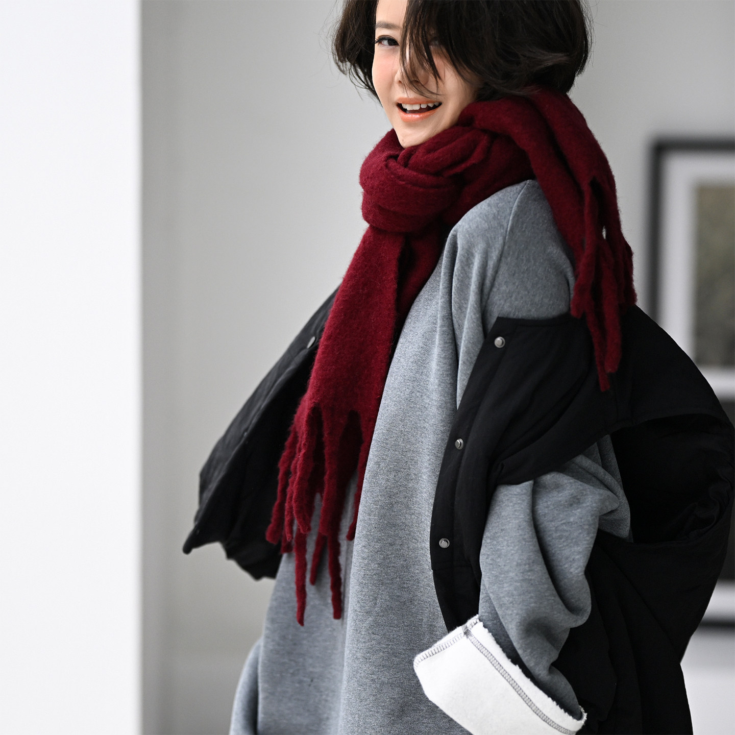 圆领长袖毛边加绒纯色大版卫衣