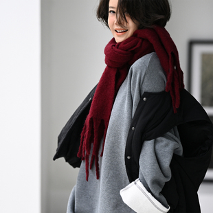 包邮 毛边加绒纯色大版 R35117 oversize圆领长袖 卫衣女冬 韩版