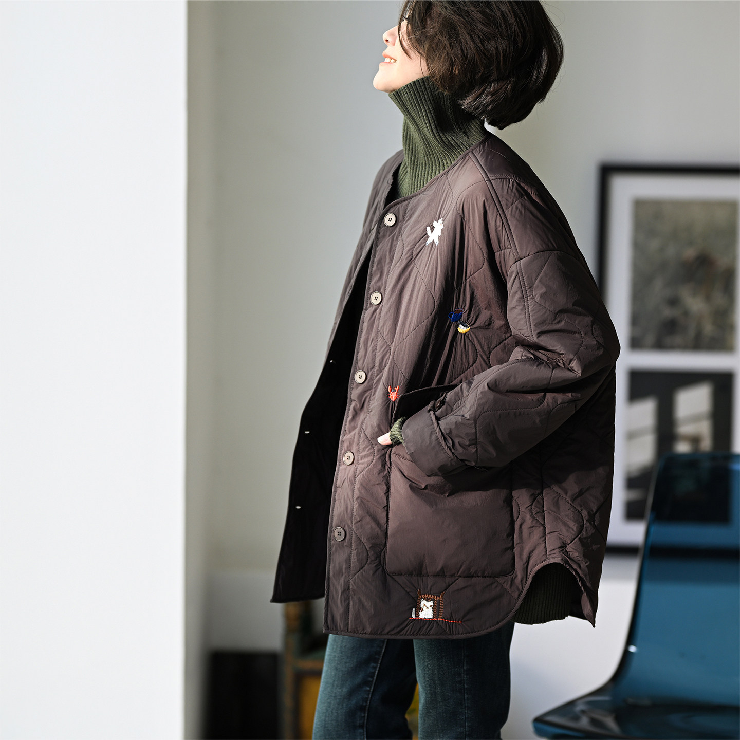 童趣刺绣绗缝羊毛内胆宽松棉服