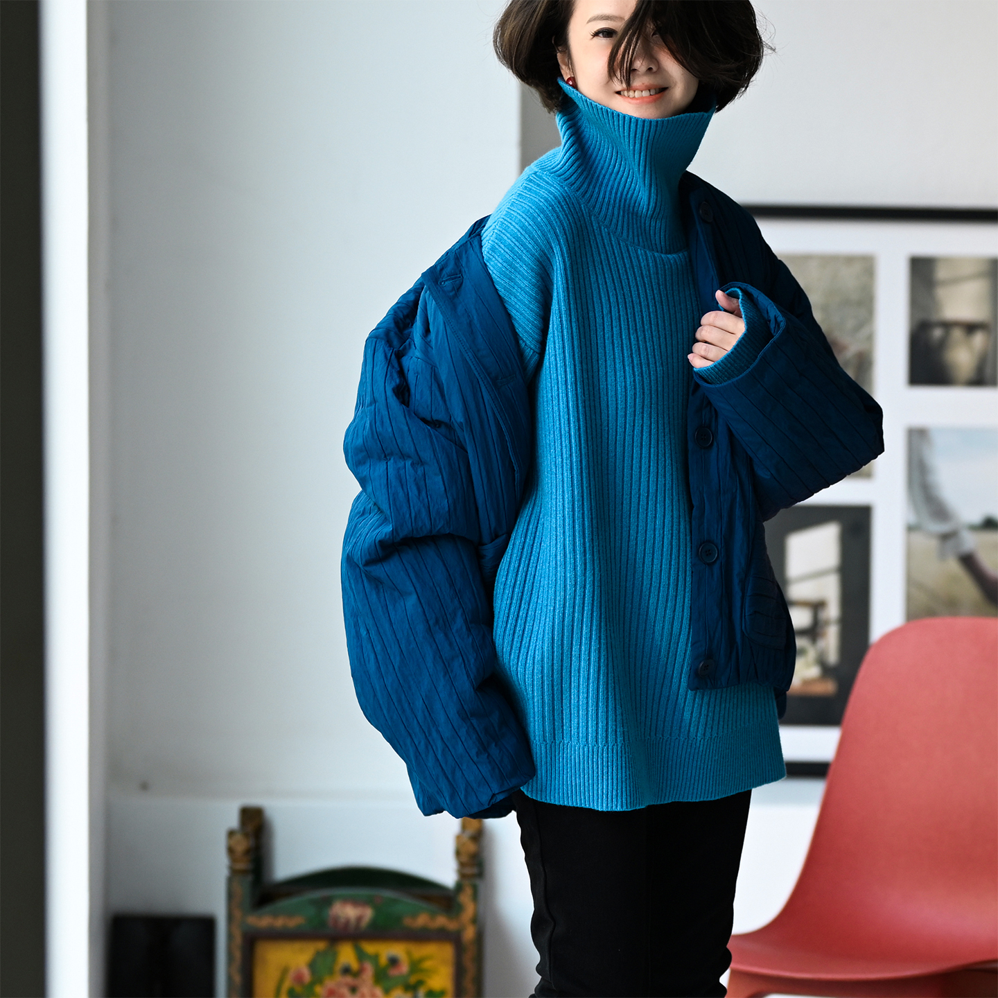 高领坑条宽松大版打底针织衫