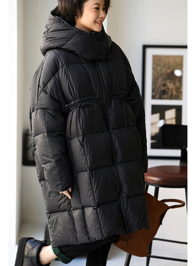 包邮Y90980 通勤休闲简约保暖加厚立领连帽抽绳系带长款羽绒服女