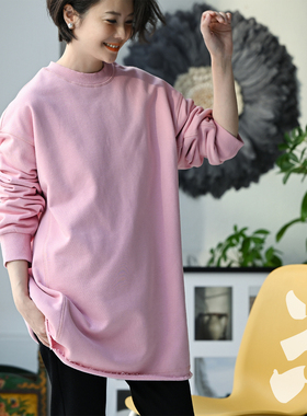 R71710 休闲百搭圆领毛边宽松中长款粉色薄绒卫衣女2026 新品速递